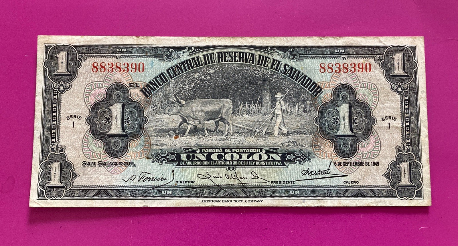 El Salvador 1949 Issue 1 Colon Scarce Banknote Crisp VF+. Pick#83a.