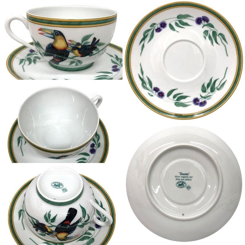 HERMES Toucan Cup & Saucer Large Bowl Porcelain White Rare Authentic
