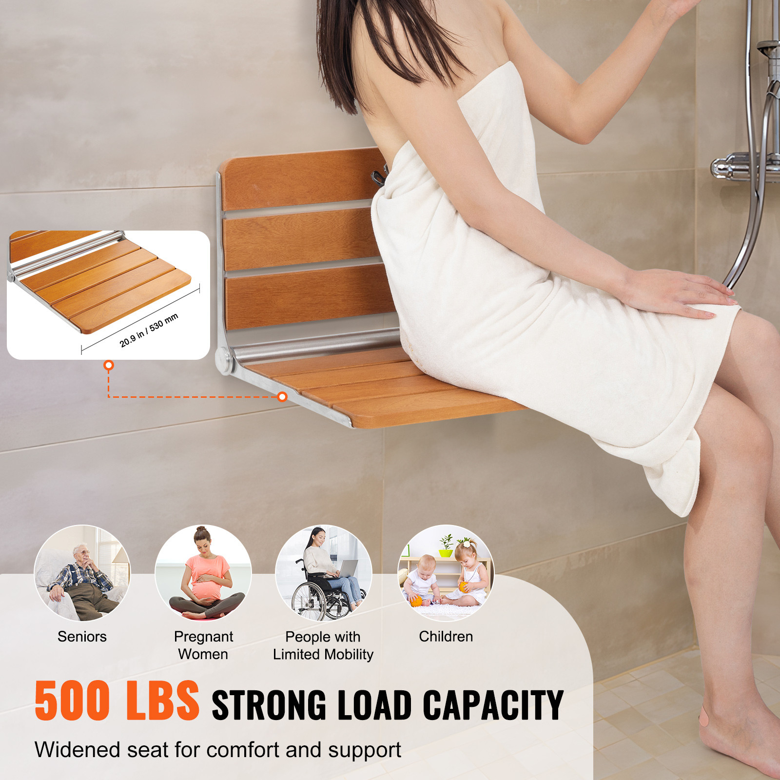 Folding Teak Shower Seat 20.9'' x 16'' Wall Mounted Shower Bench 500 lbs