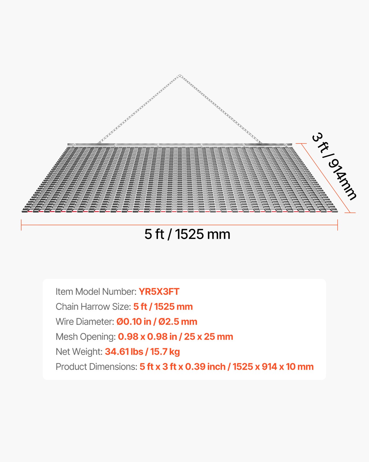 VEVOR Drag Harrow Rake 5 x 3 ft Chain Harrow Drag Mat Fits ATV UTV Tractors