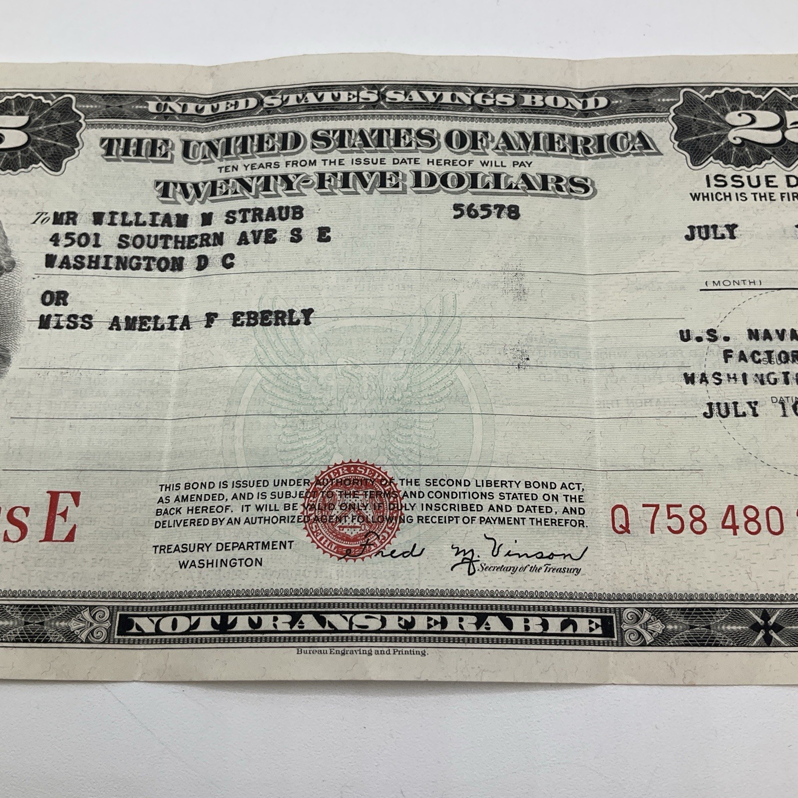 July 16th, 1946 Series E $25 United States Savings Bond US Naval Gun Factory DC