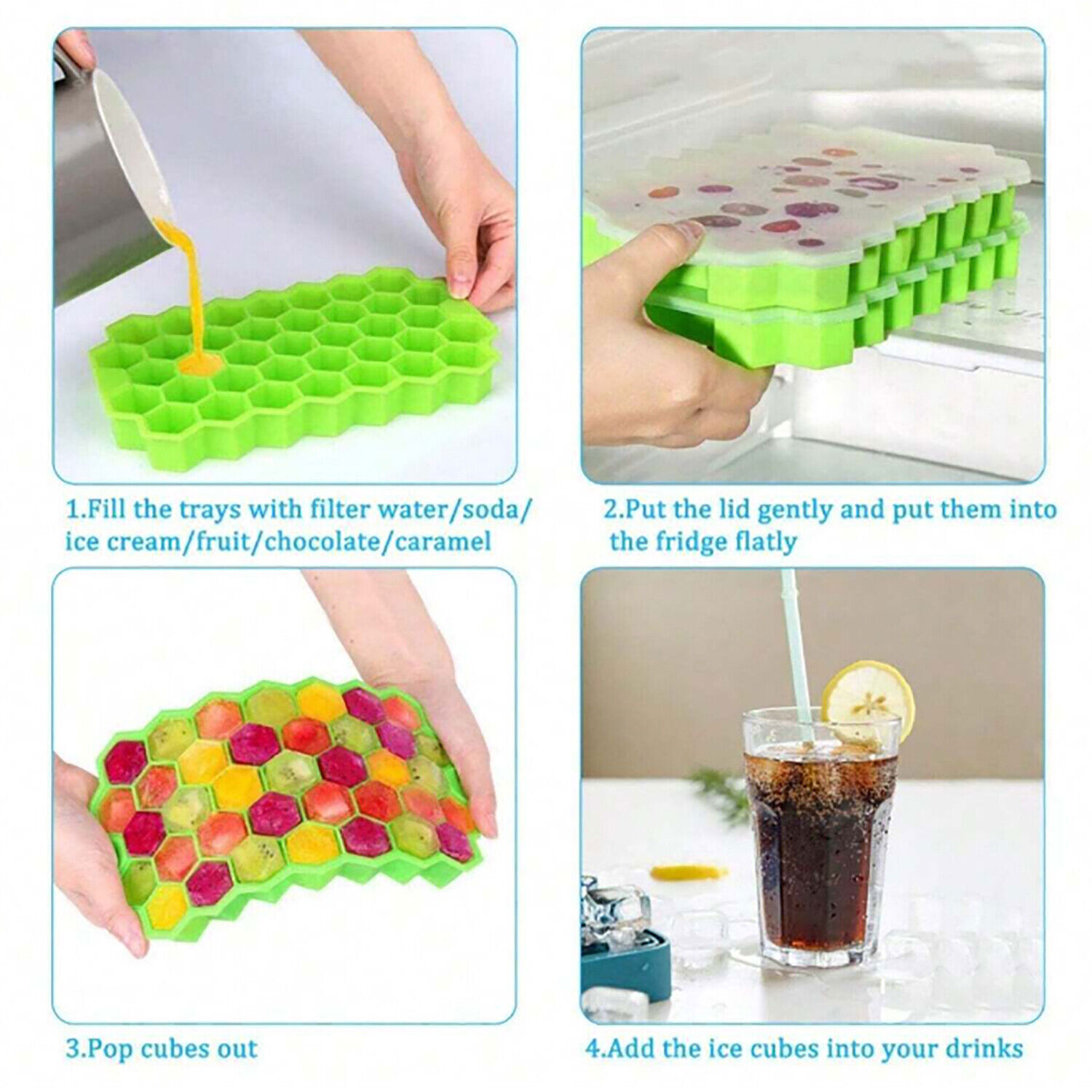 2x Silicone Ice Cube Trays Honeycomb 74-Ice Cube Molds with Lid Reusable Storage