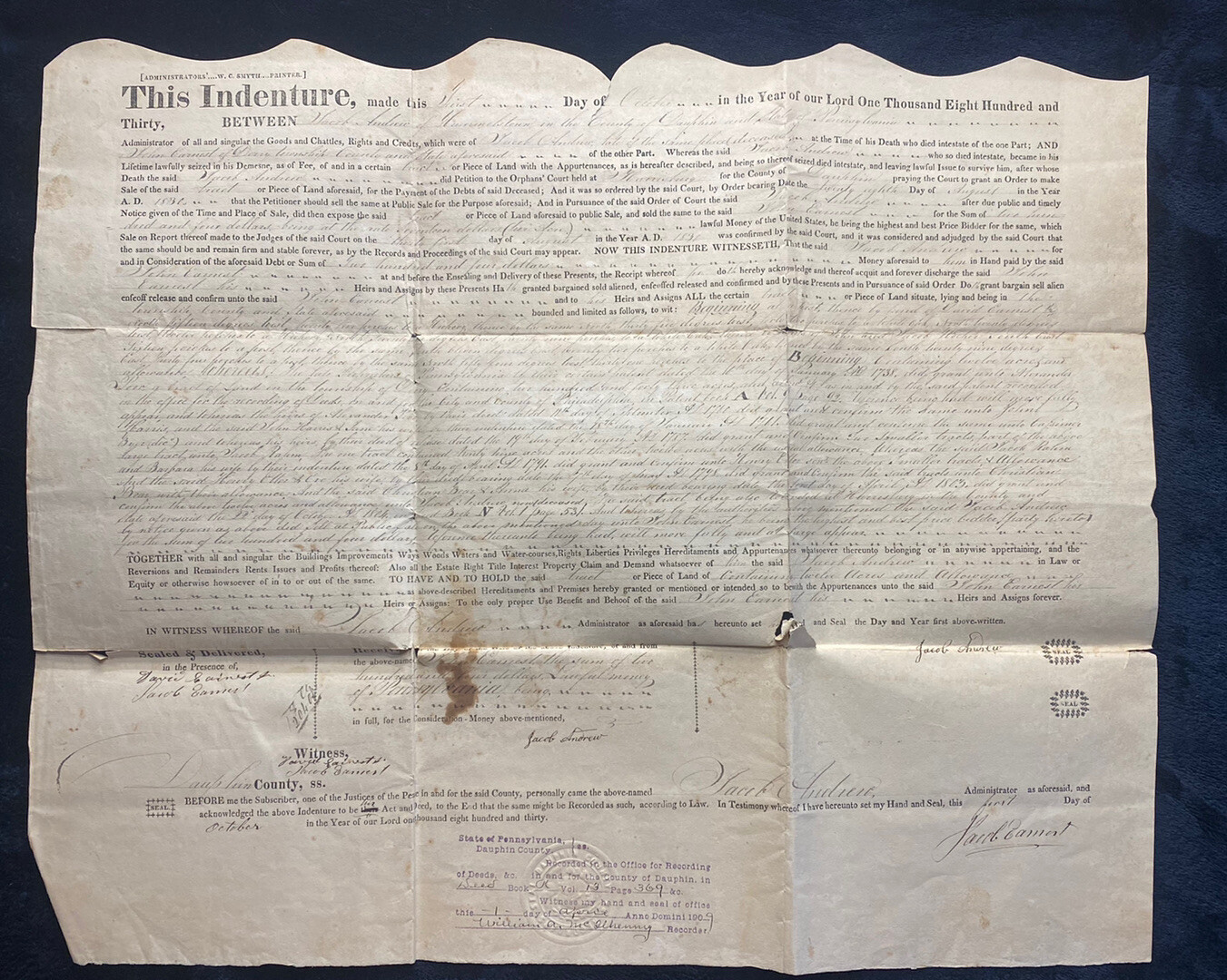 1830 Derry Township Dauphin County, PA Pennsylvania Indenture w/ ornate seal