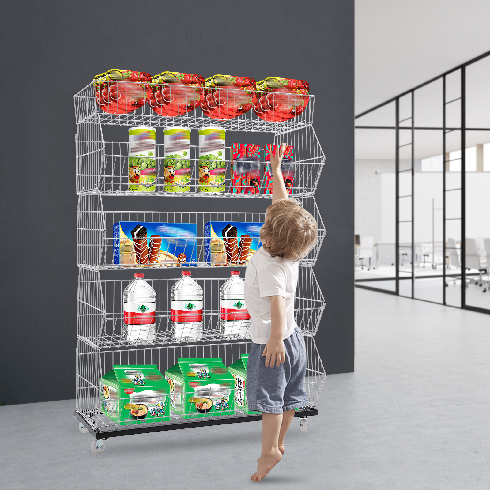 5 Tier Wire Grid Retail Display Shelf Merchandise Display Rack Stand w/4 Pulleys