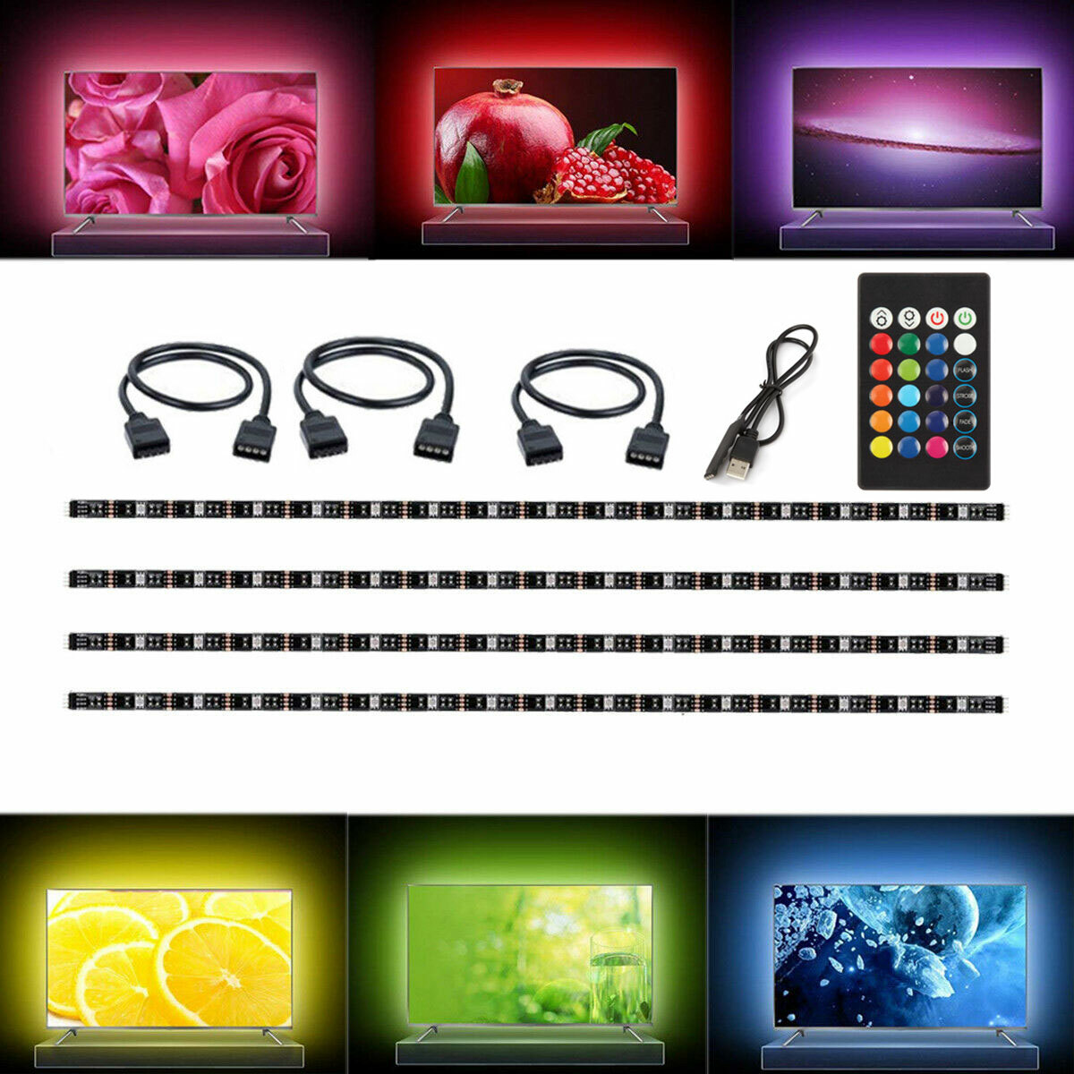 4 x 50CM TV LED Backlight USB 5050 RGB LED Strip Light Remote Kit 5V 30Leds/M
