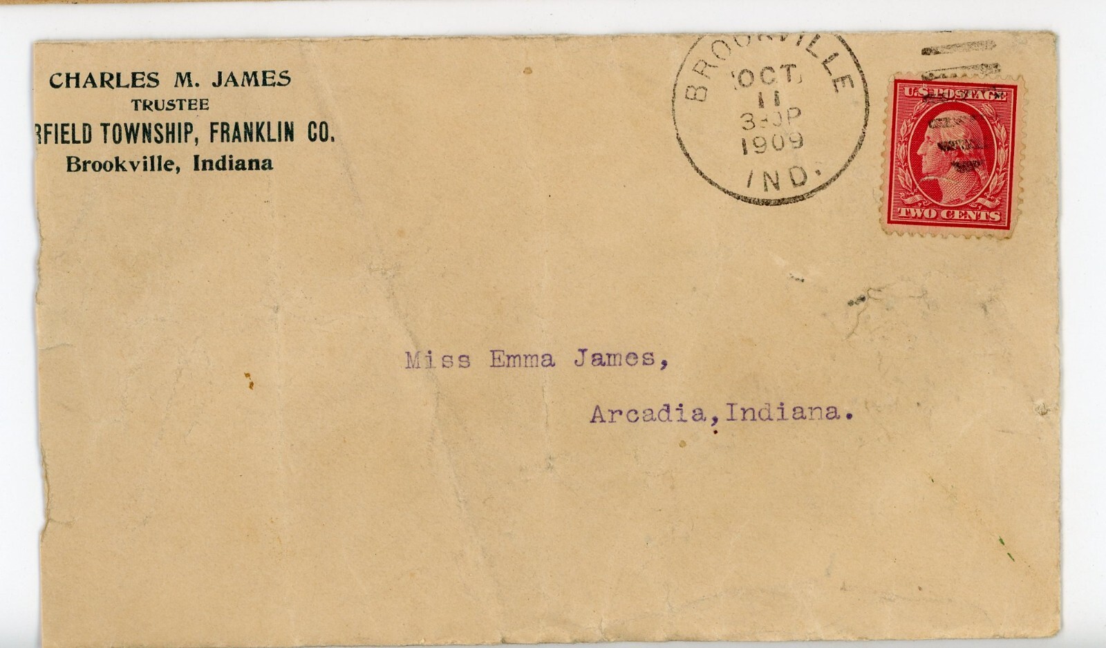 1909 Cover Stamp Brookville Indiana Trustee Charles James Emma Arcadia Red 2C