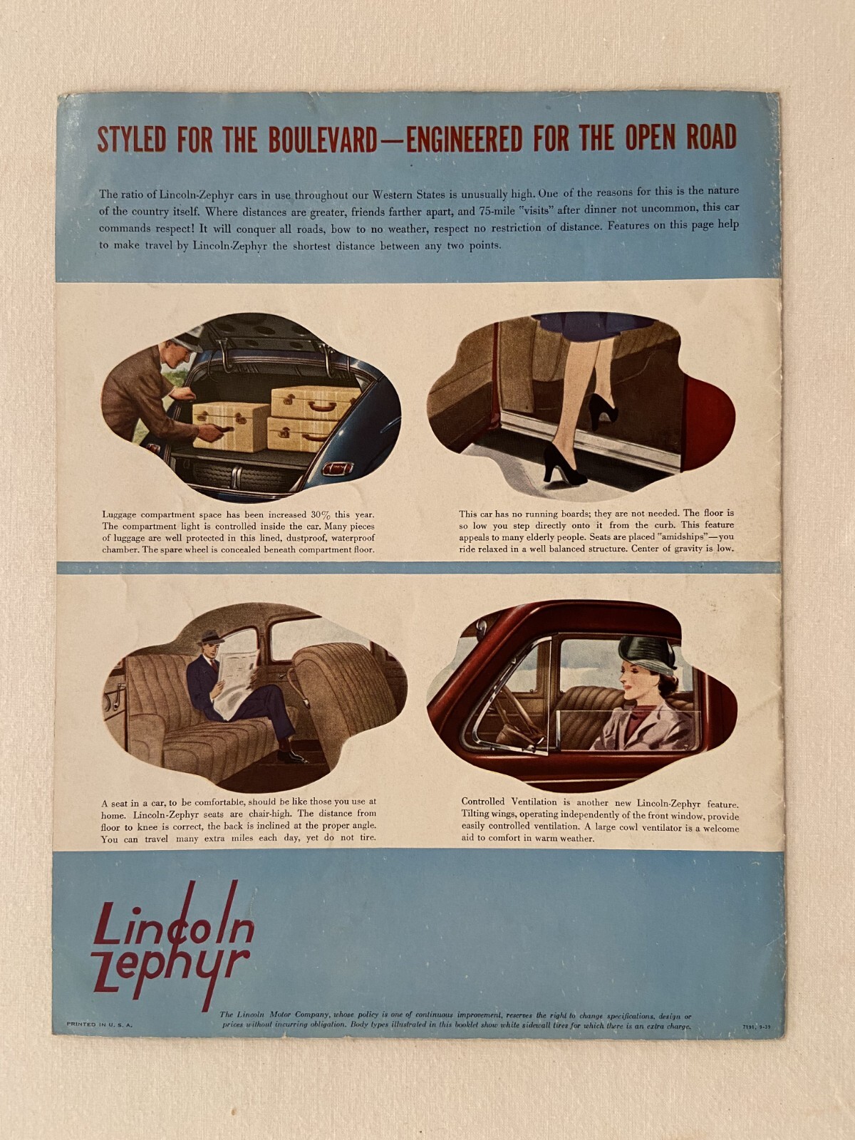 1940 LINCOLN ZEPHYR V-12 SALES BROCHURE ORIGINAL GOOD CONDITION INCL CONTINENTAL