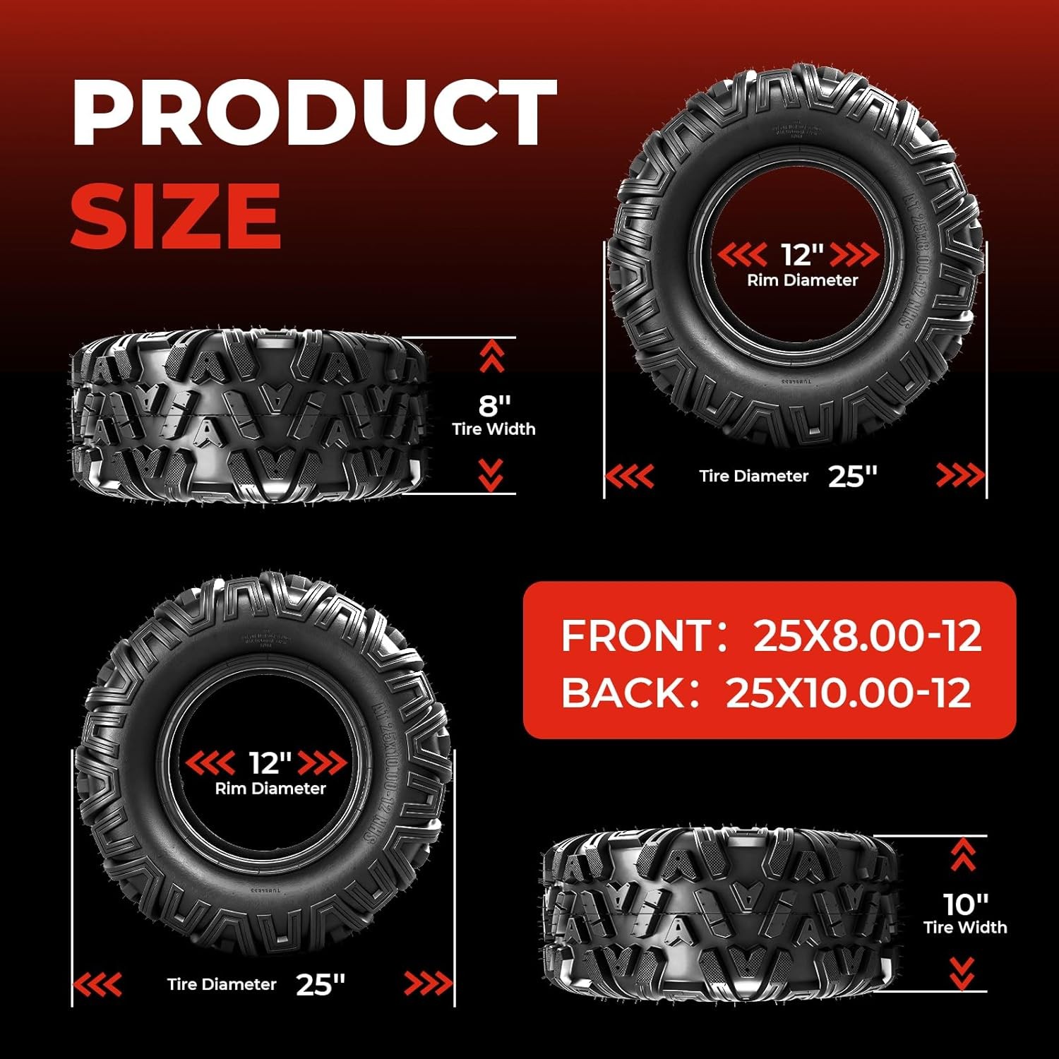 ATV/UTV Tires 25x8-12 Front & 25x10-12 Rear All-Terrain Mud Tires 6-Ply Set of 4