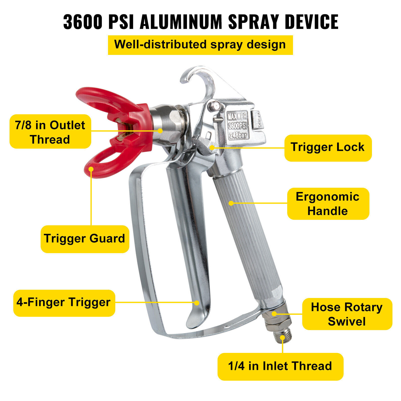 50ft Airless Paint Sprayer Hose Kit Spray Gun,1/4" Swivel Joint 3600psi w/517Tip
