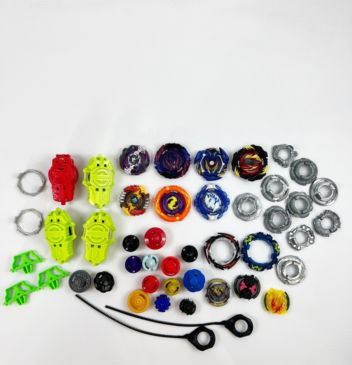 Large Lot of 30+ Beyblades Many Pieces Tops Parts Metal Cords Launchers HASBRO