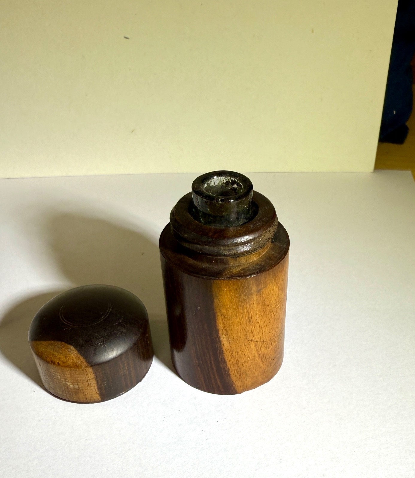 Antique 19th century traveling wood inkwell spring loaded lid original bottle