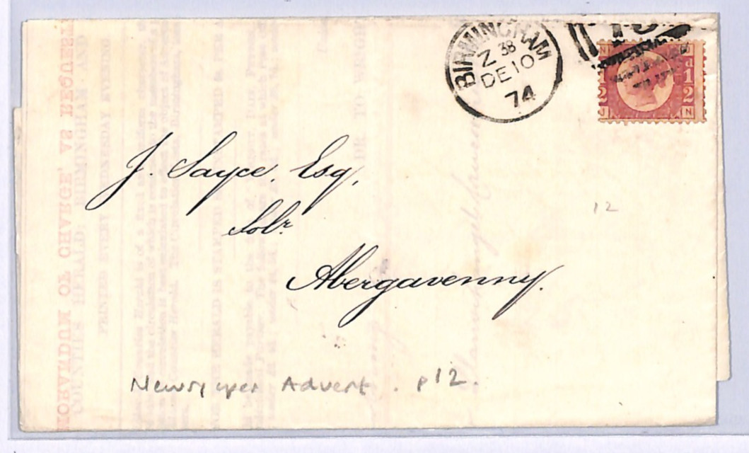 GB QV BANTAM ½d Plate 12 (JN) Cover Birmingham Advert EL 1874 Abergavenny XB47