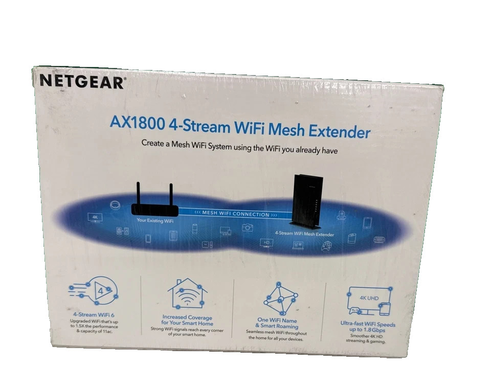 NEW, NETGEAR EAX20-100NAS Dual Band Wi-Fi 6 MU-MIMO Mesh Range Extender AX1800