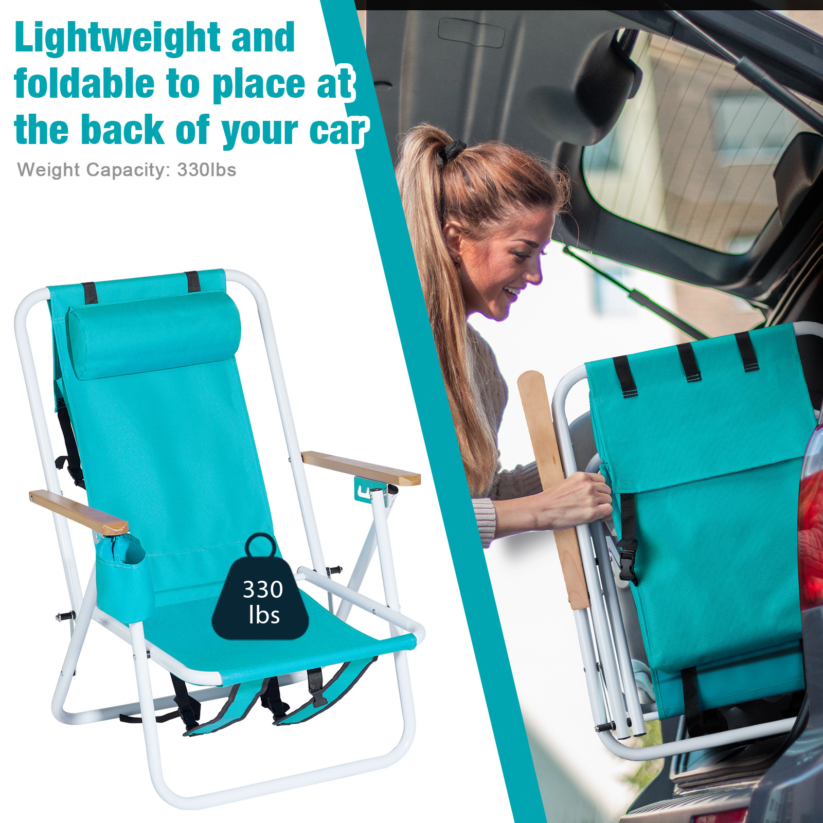 Folding Beach Chair, 4 Position Portable Backpack Camping Chair Cup Holder