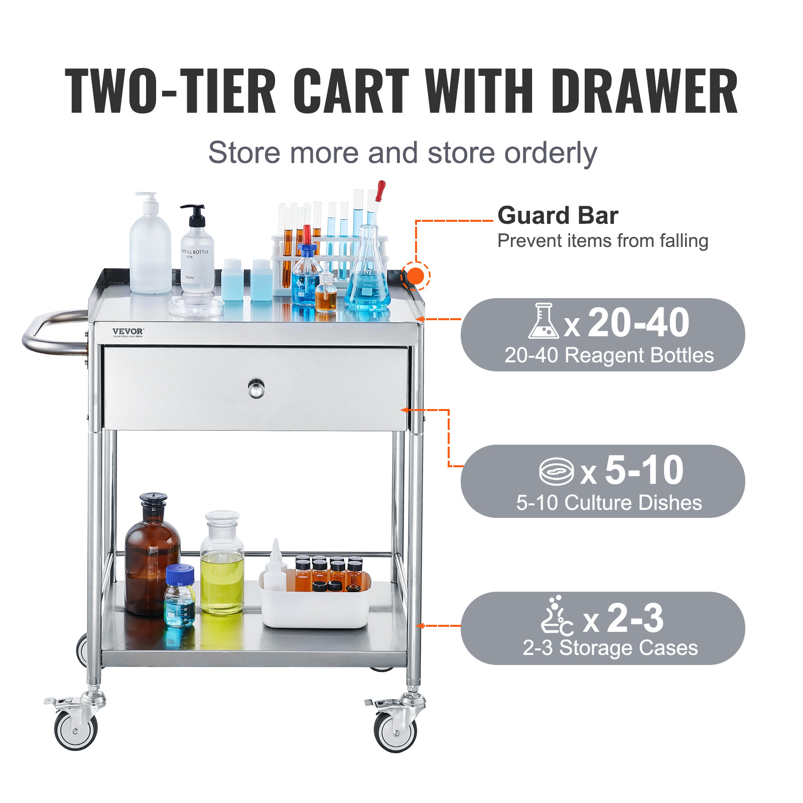 VEVOR 2-Tier Medical Trolley Steel Cart Mobile Lab Utility Cart with A Drawer