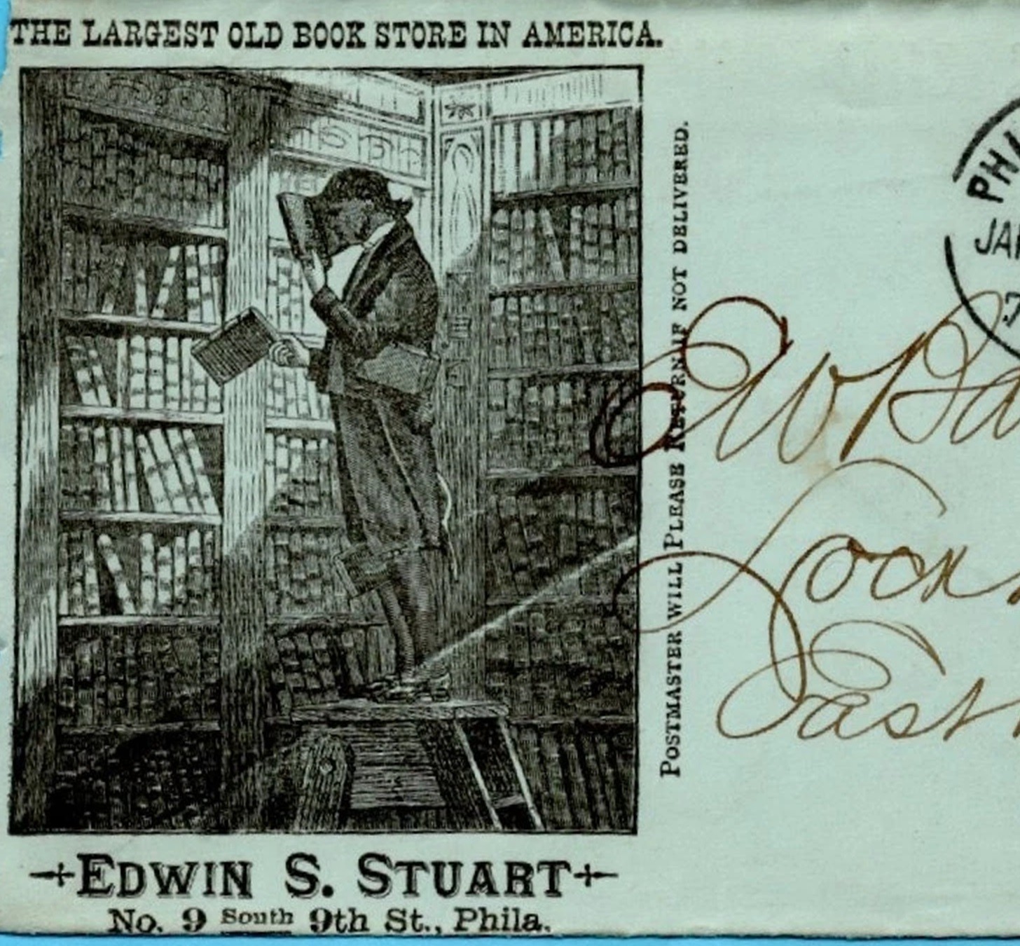 LARGEST OLD BOOK STORE in AMERICA - 1884 PHILA, PA 2-SIDED AD Cover - BLUE PAPER