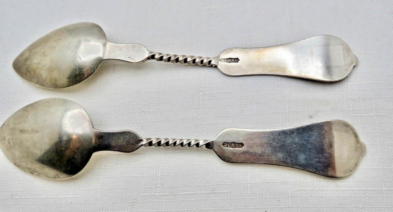 Two Duhme Coin Silver Twist Handle 6.5 " Teaspoons c1869 Cincinnati