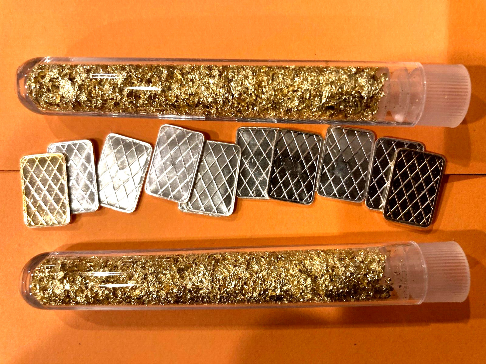 (10x)  Pure .999 Fine Silver Bars Bullion Estate Lot & 4 Vials Gold flakes Rare