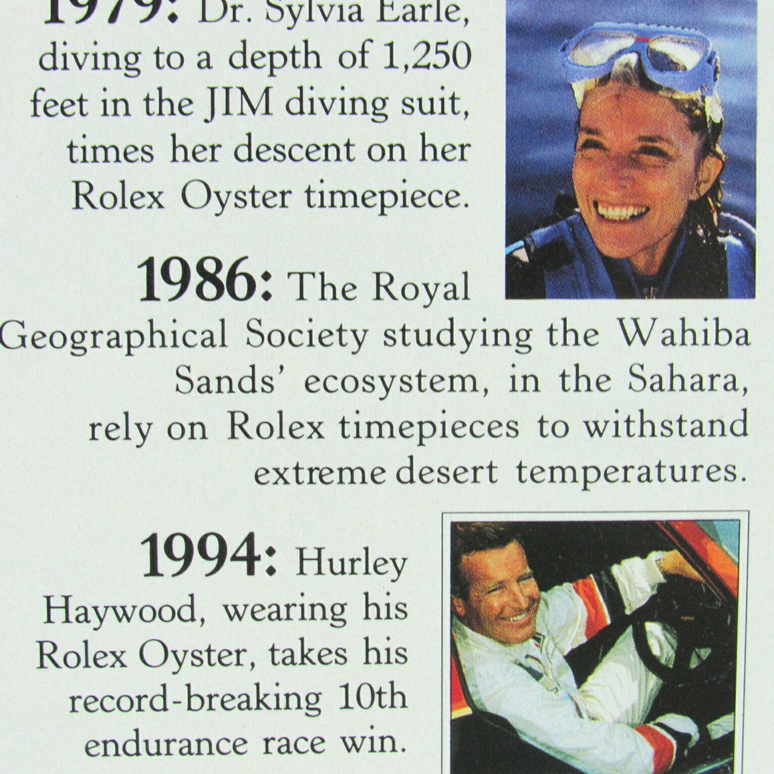 1996 Rolex Chuck Yeagar Hurley Haywood Vintage Original Print Ad 8.5 x 11"