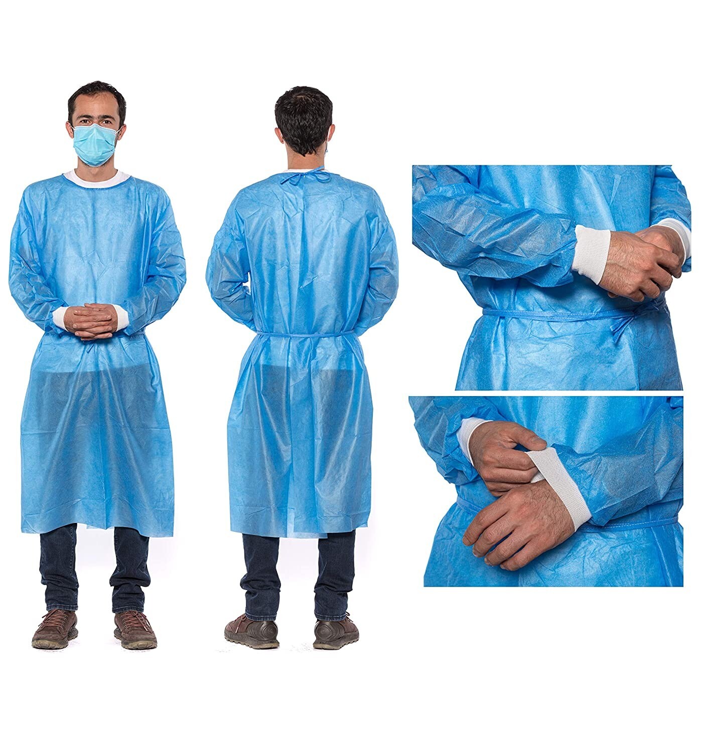 200 Blue Disposable Medical Gowns w/ Knitt Cuffs Dentists Hospital (2 Pack)