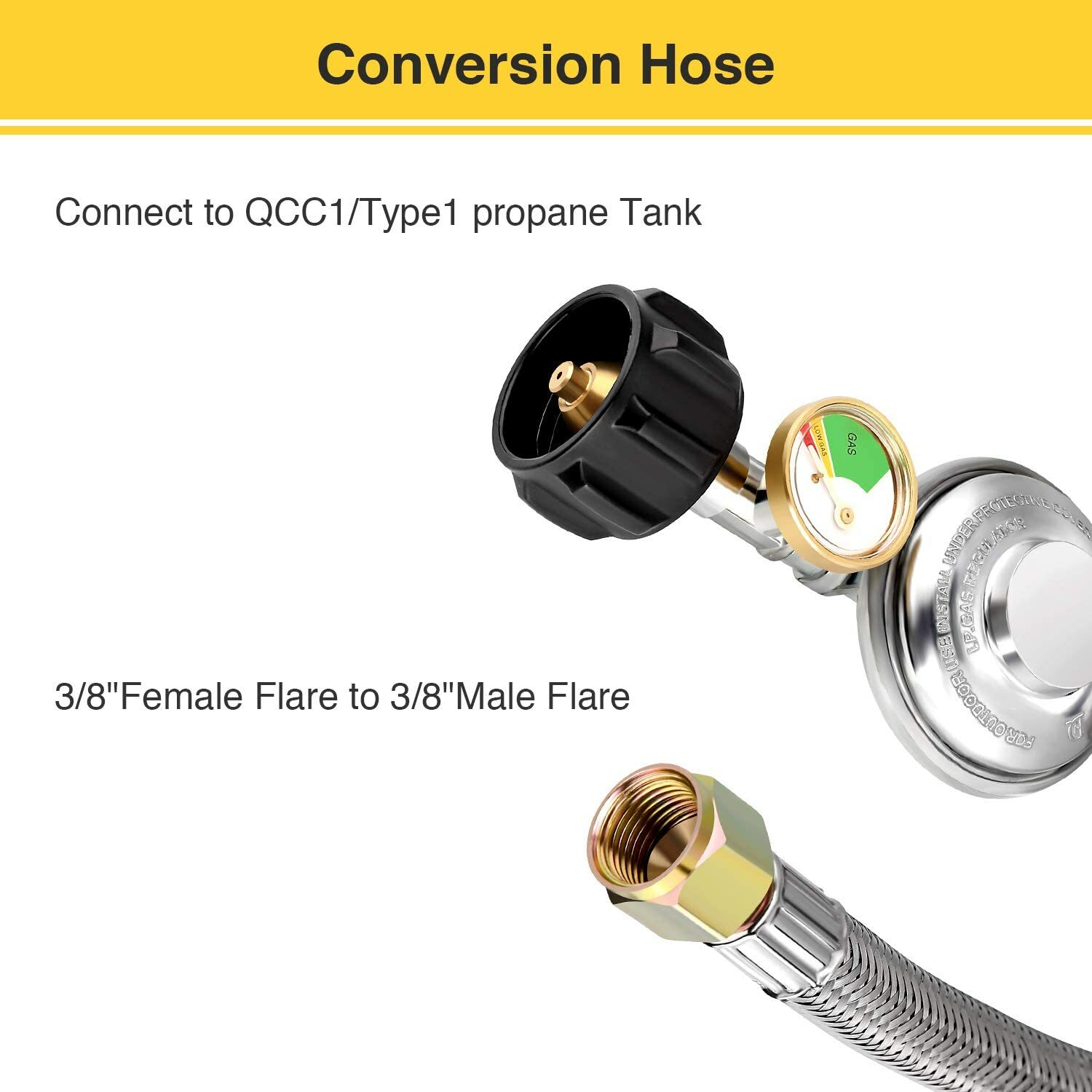 5FT Propane Hose Regulator with Gauge for Most LP Gas Grill, Heater, 3/8" Female