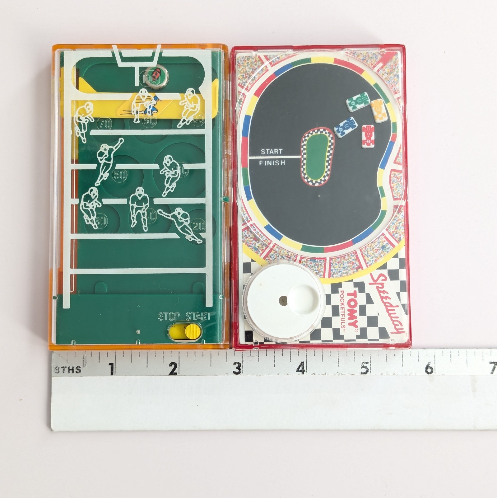 Vtg 1987 Tomy Pocketfuls Games Handheld Travel Speedway Car Racing & Football