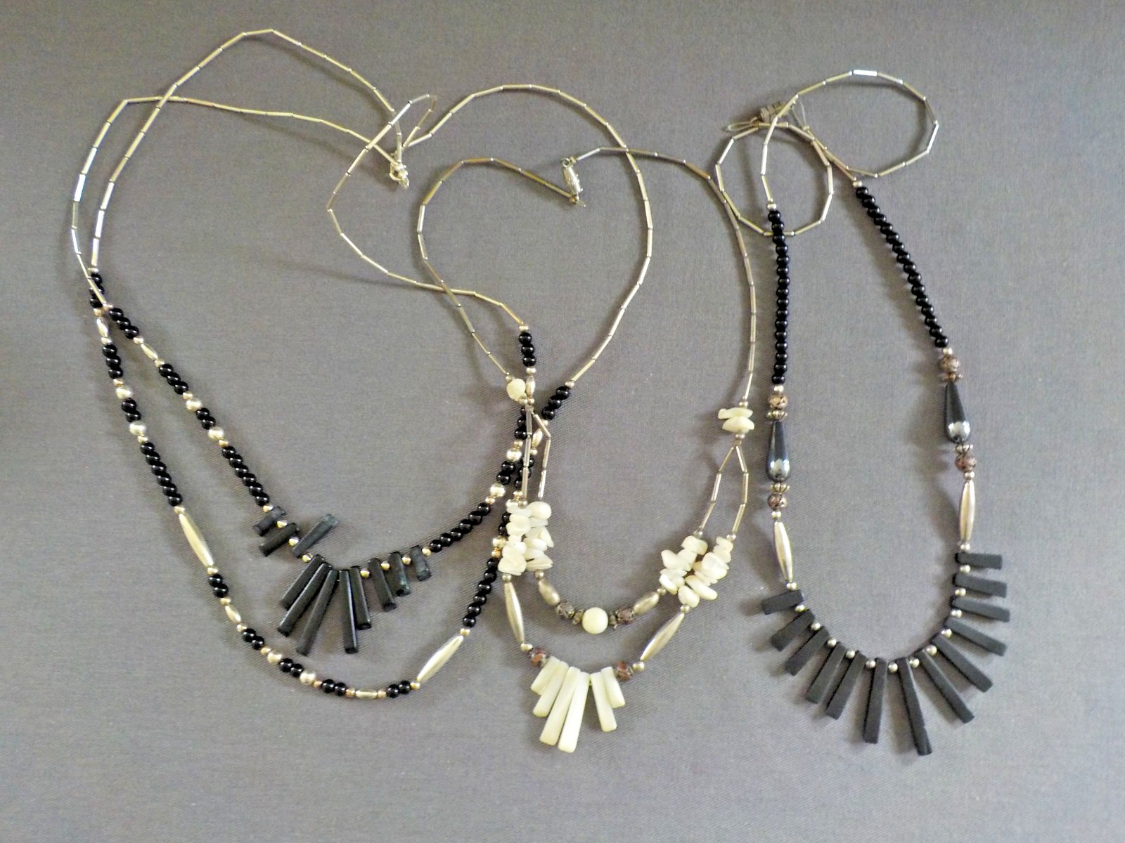 Vintage Spikey Black & Shell Necklace Silver Tone Metal Single & Double Strand