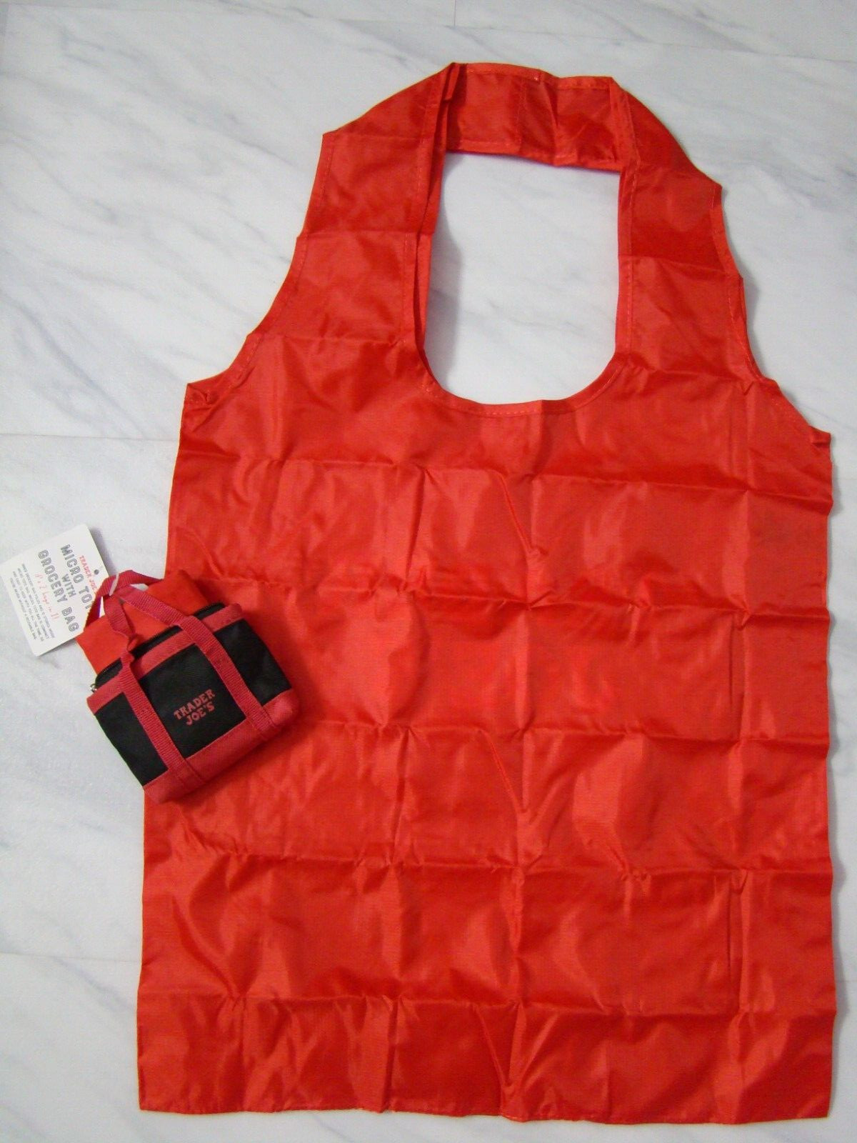 New Trader Joe's Black Red Mini Micro Tote Folded 2 in 1 Reusable Shopping Bag