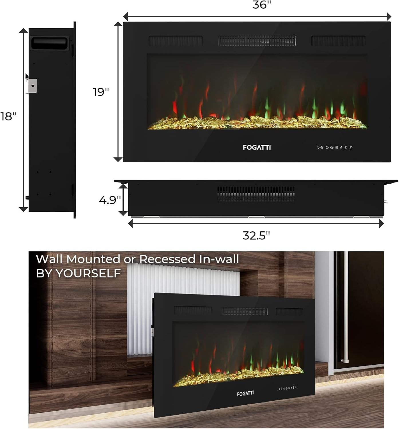 36" Electric Fireplace Heater RV 7 Colors- Wall Mount, Recessed, Insert TV Stand
