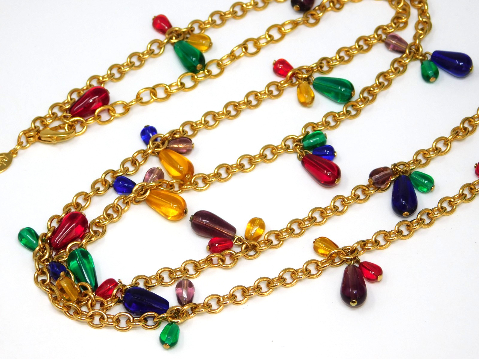 Vintage JOAN RIVERS Dangle Charm Necklace w/ Jewel Tone Teardrop Glass Beads