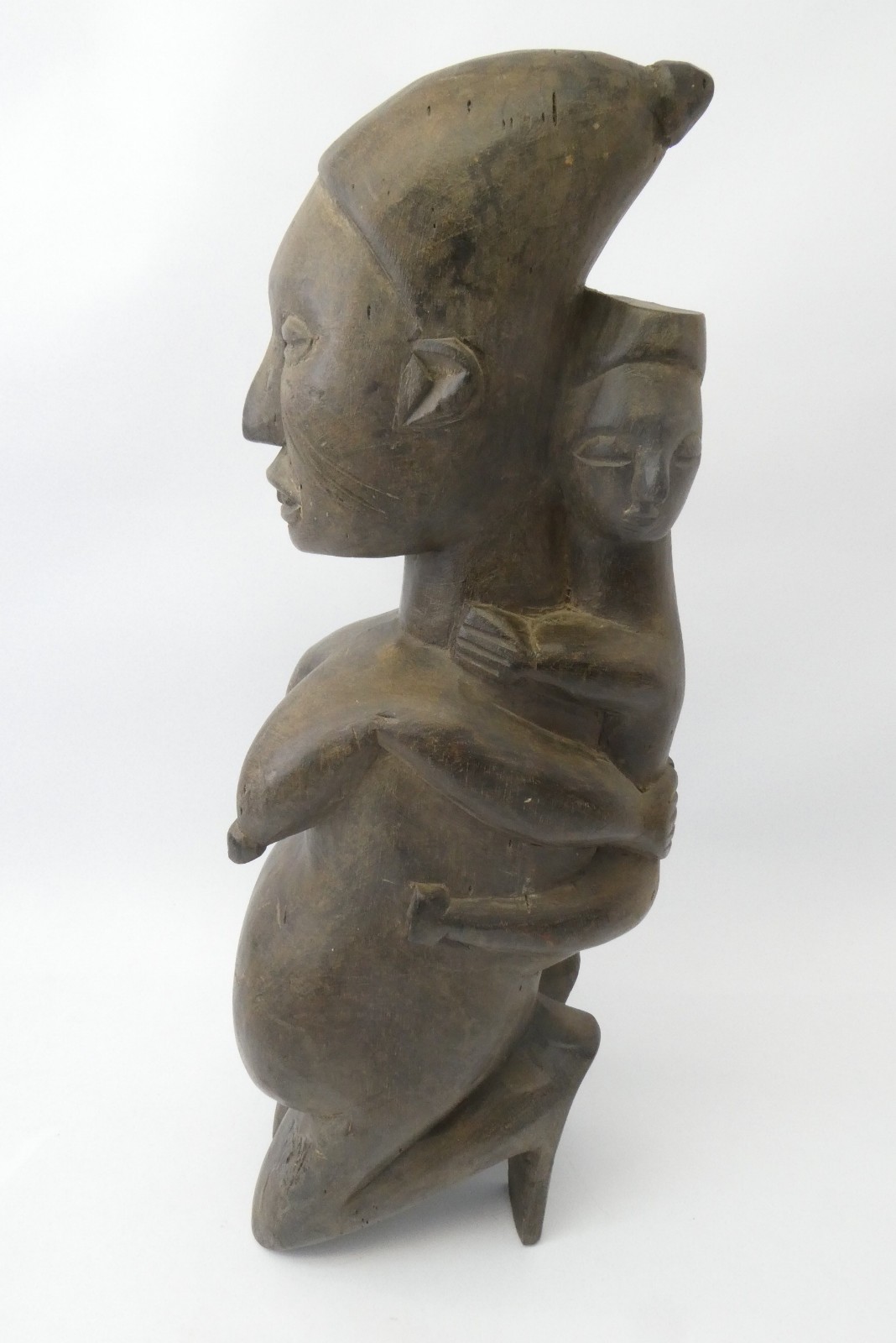 African Carved Wood Fertility Figure Mother & Child Sculpture 15.75"