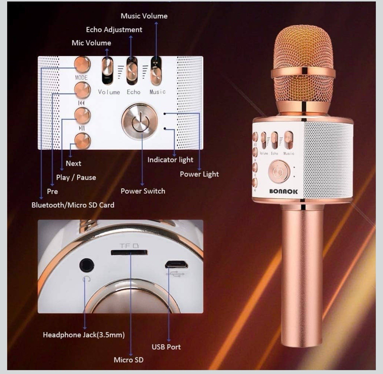 BONAOK Wireless Bluetooth Karaoke Microphone 3-in-1 Portable Handheld Speaker Mi