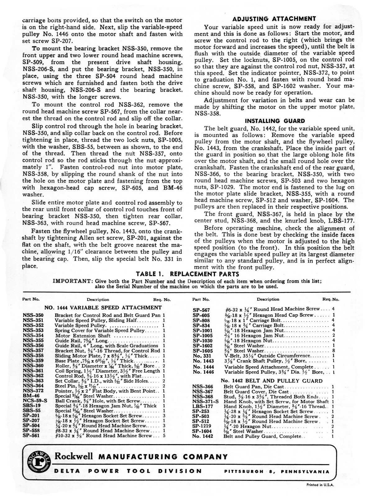 Delta 24" Scroll Saw Older Style Operating, Maintenance & Parts Manual #1954