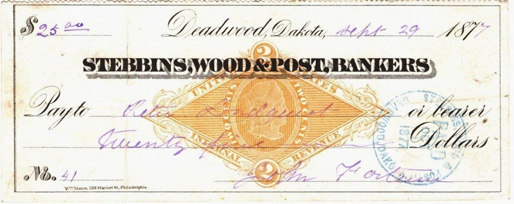 STEBBINS WOOD POST BANK 1877 CHECK LONDQUIST DEADWOOD DAKOTA TERRITORY J FORTUNE