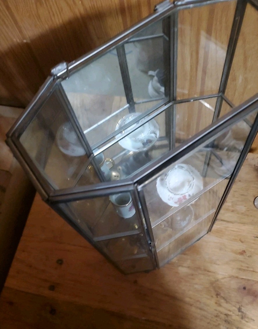 Vtg Brass Glass Hexagonal Curio Display Cabinet Showcase 2 Shelves Door