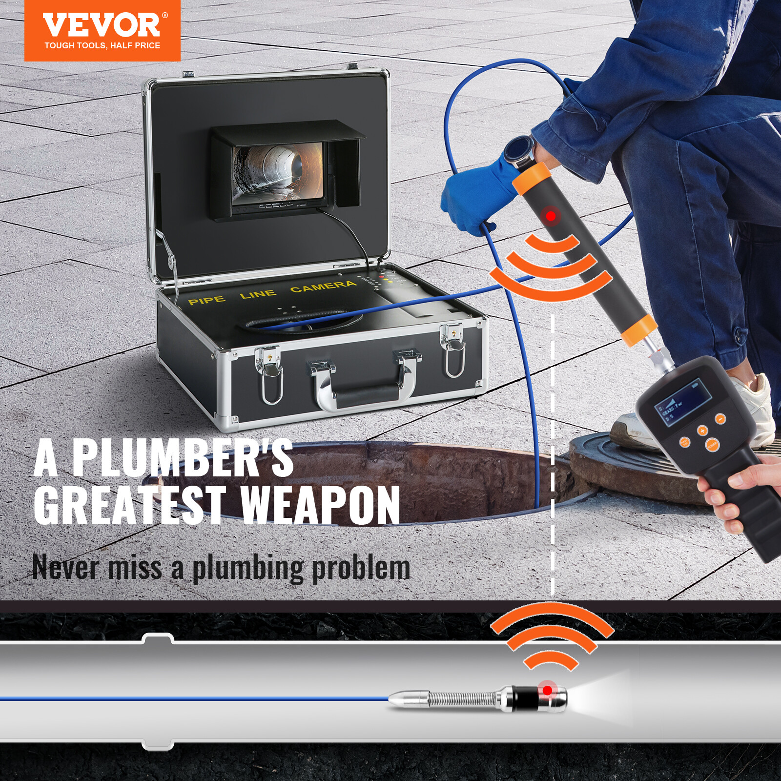 VEVOR 40m/131ft Sewer Camera Pipe Inspection Camera 7" Screen 1000TVL Camera