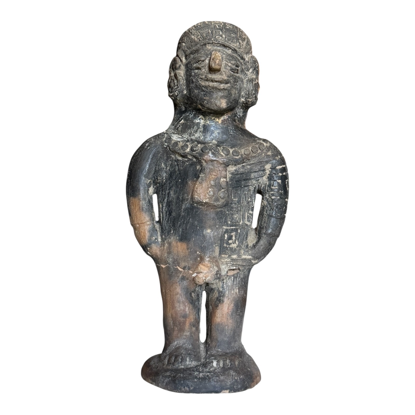 Antique Pre-Columbian West Mexico Blackware Pottery Standing Whistle Figure