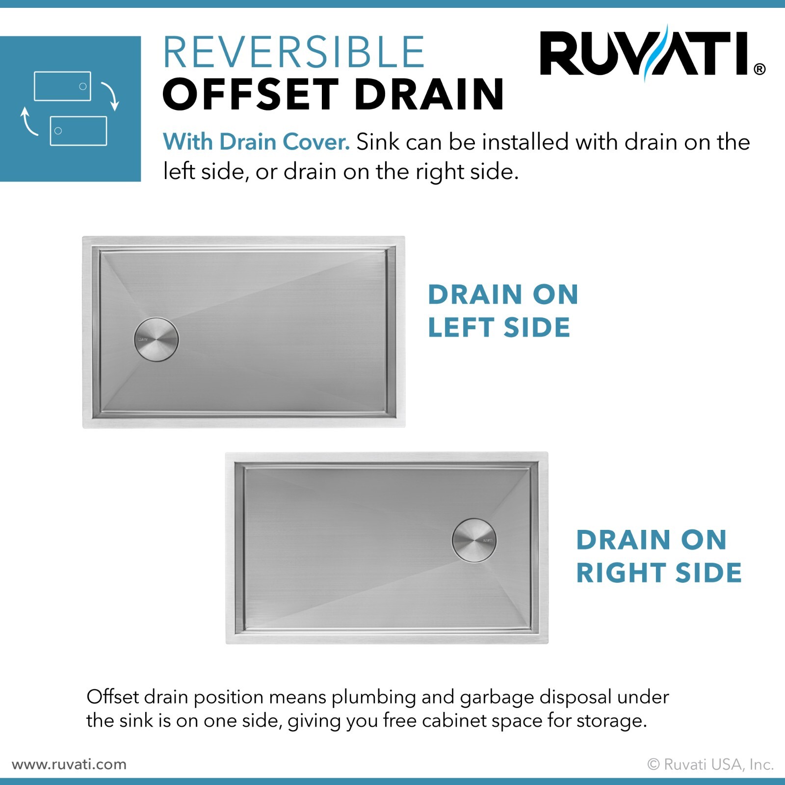 Ruvati 32-inch Slope Bottom Offset Drain Reversible 16Gauge Kitchen Sink-RVH7490