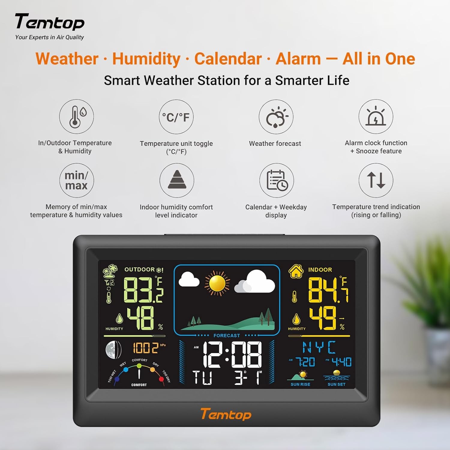 Digital LCD Weather Station Clock Indoor & Outdoor Calendar Thermometer Wireless