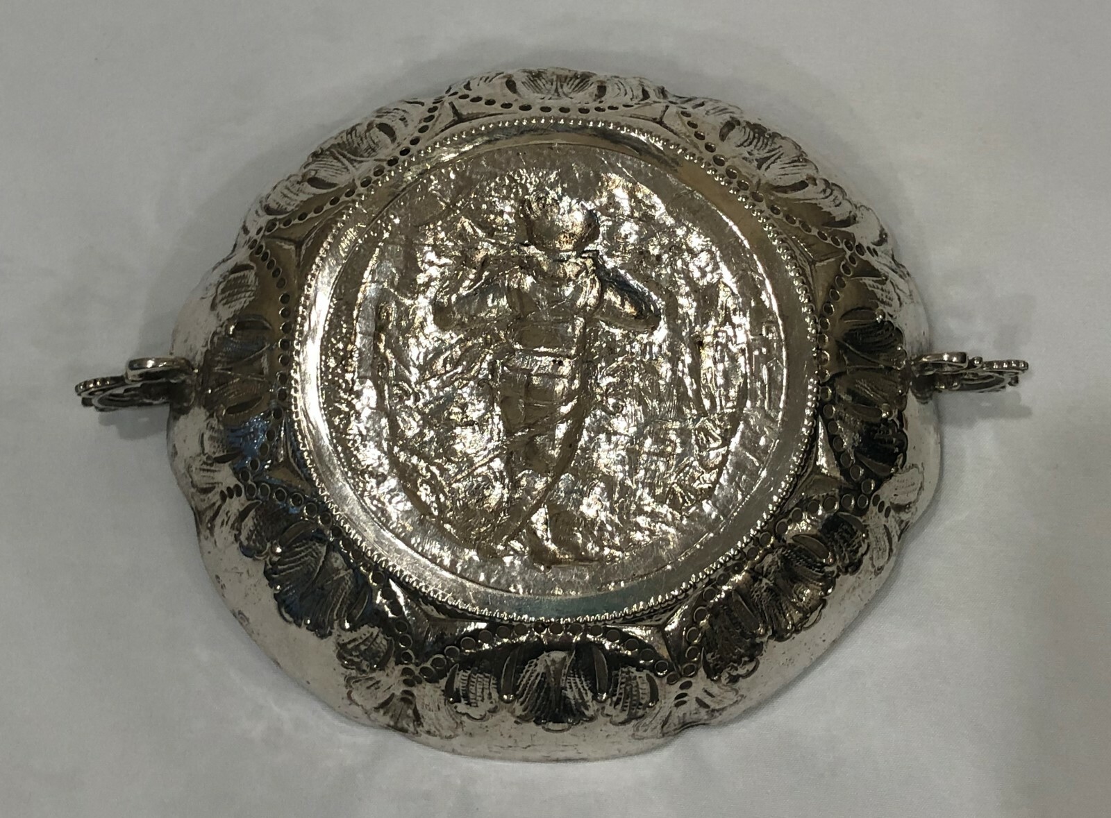 Hanau Sterling Silver Folk Scene of Piper Bowl/Wine Taster Germany c. 1900