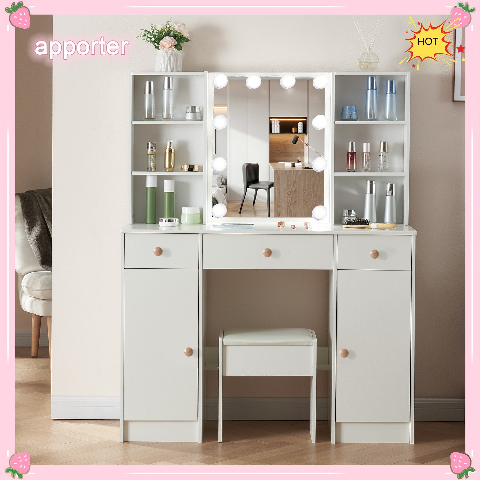 10 Bulbs Lights LED Mirror White Makeup Dressing Vanity Table NEW For Bedroom