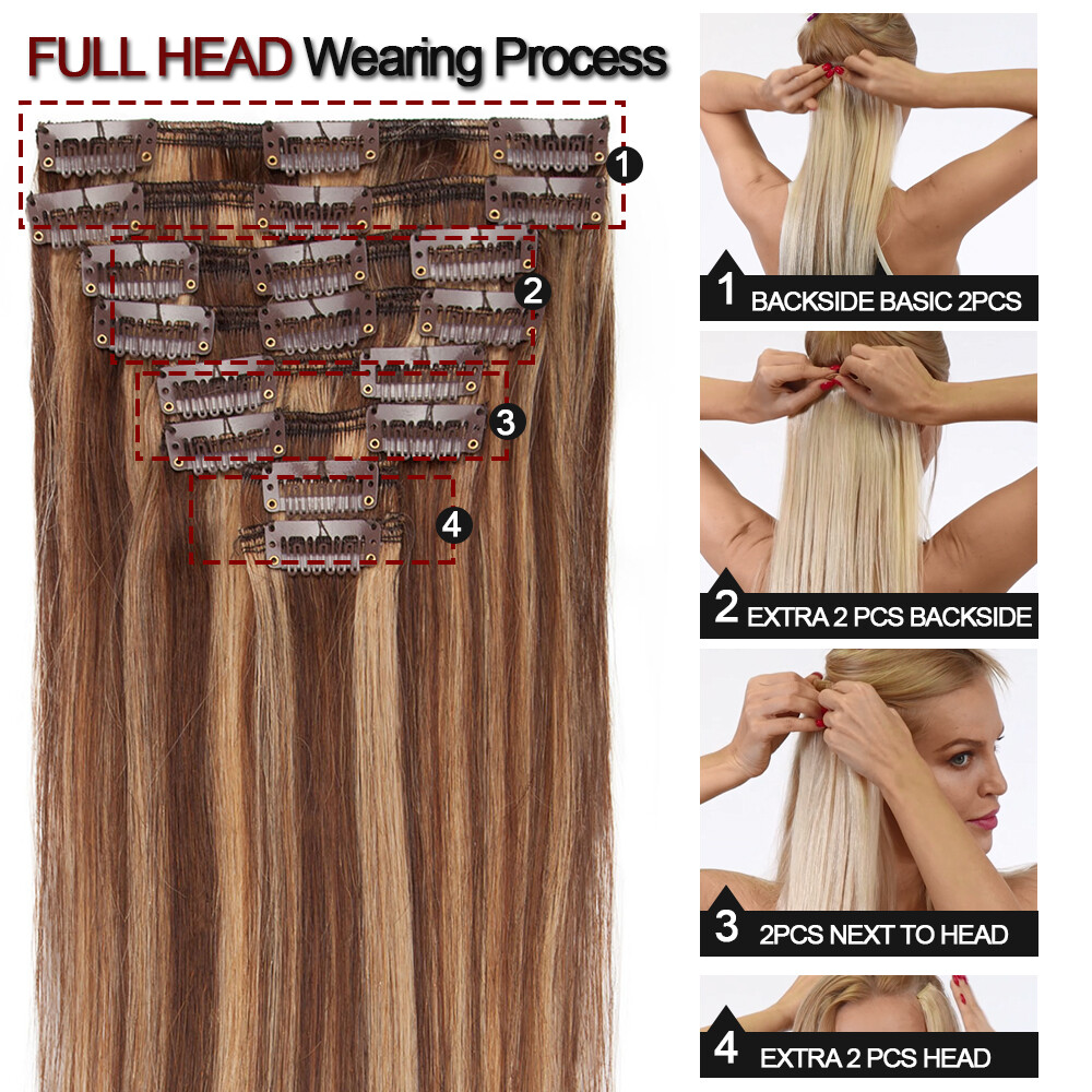 CLEARANCE Clip in 100% Real Human Hair Extensions 8 Pieces Remy Full Head 8"-24"