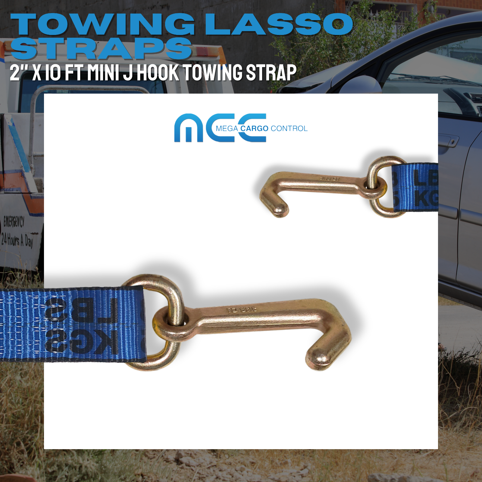 Heavy Duty G70 2" x 10' Mini J Hook Towing Trailer Wrecker Lasso Tie Down Strap