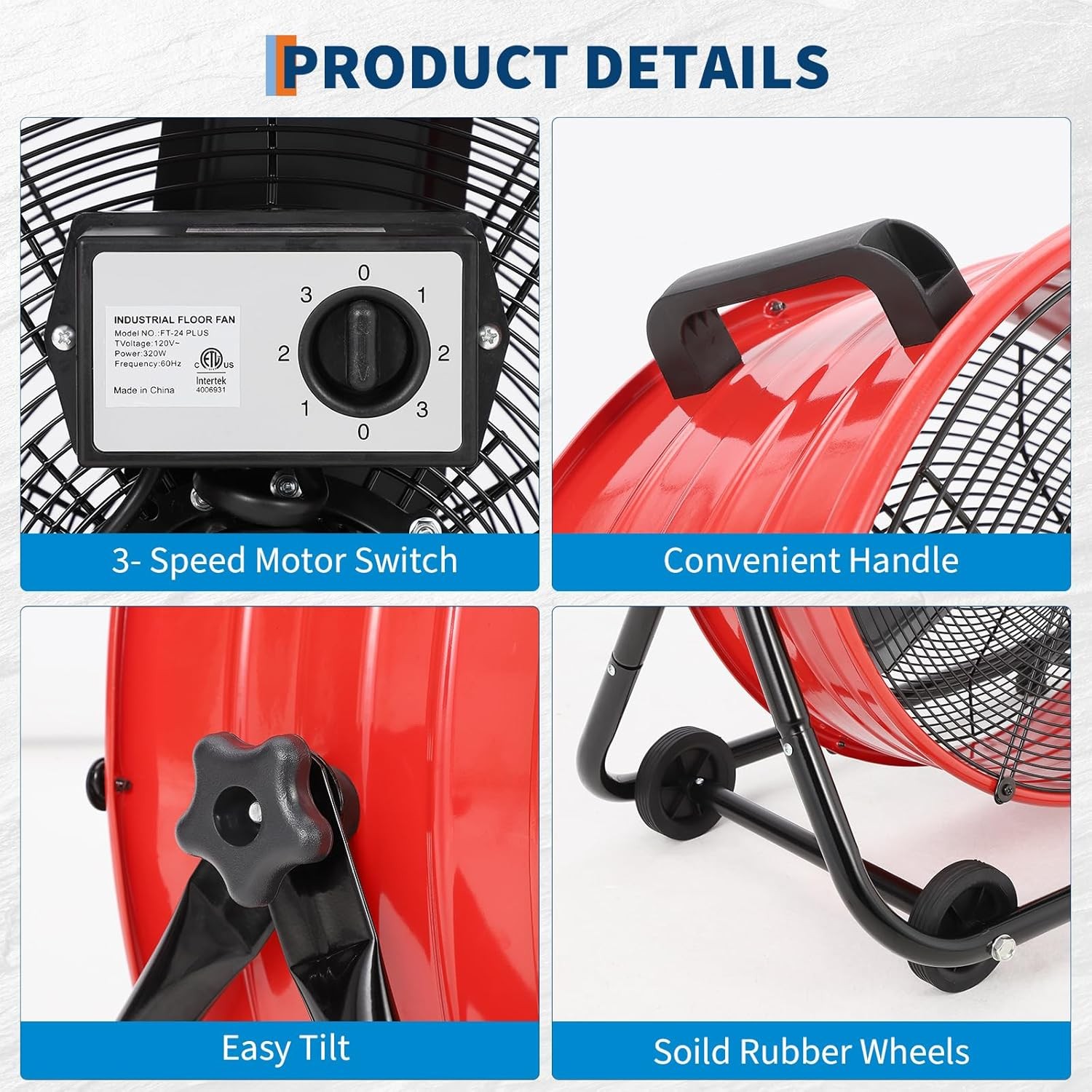 24" Industrial Drum Fan 8800 CFM High Velocity with Adjustable 3-Speed Fan