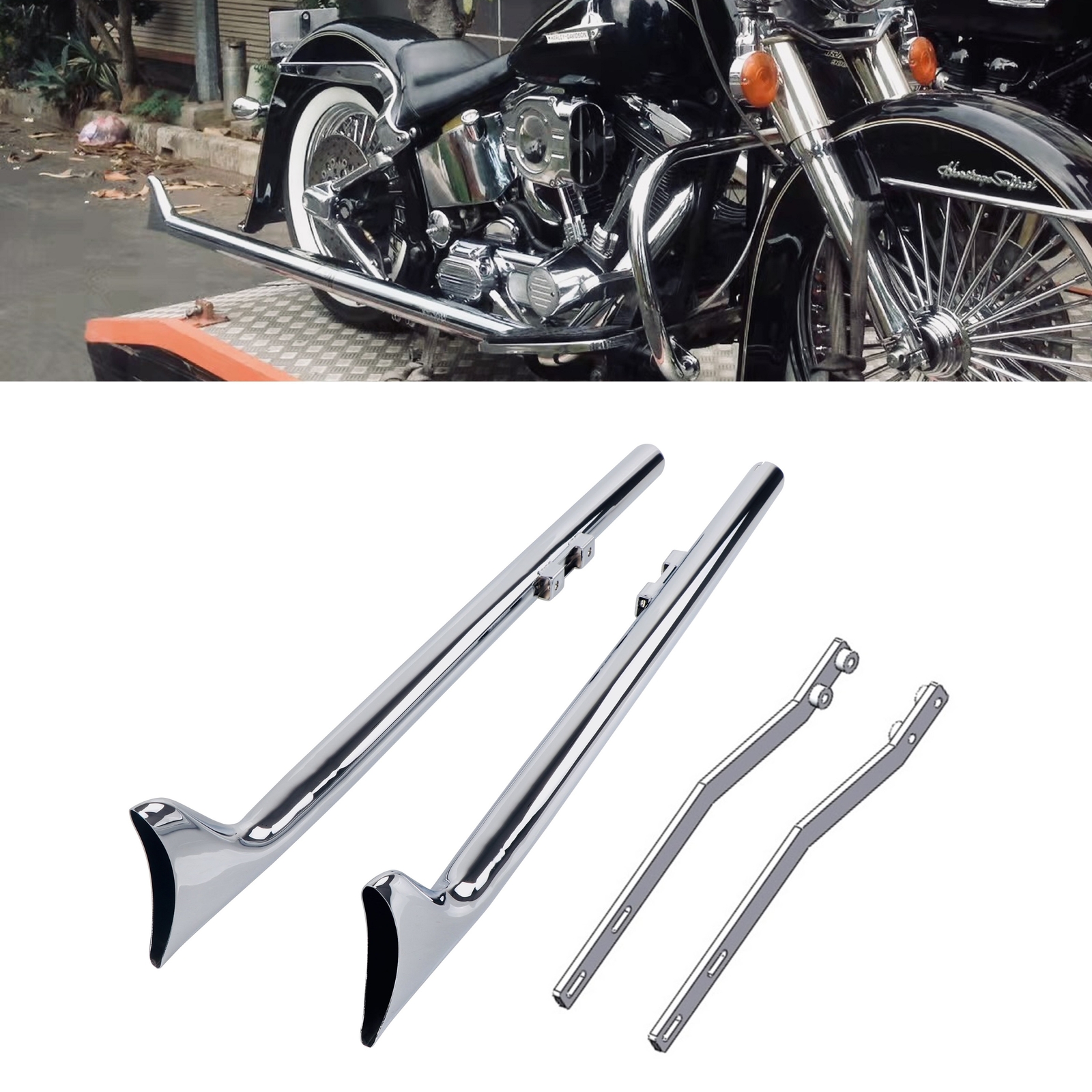 39'' Fishtail Pipes for Harley Softail with 1.75'' True Dual Exhaust Head Pipes