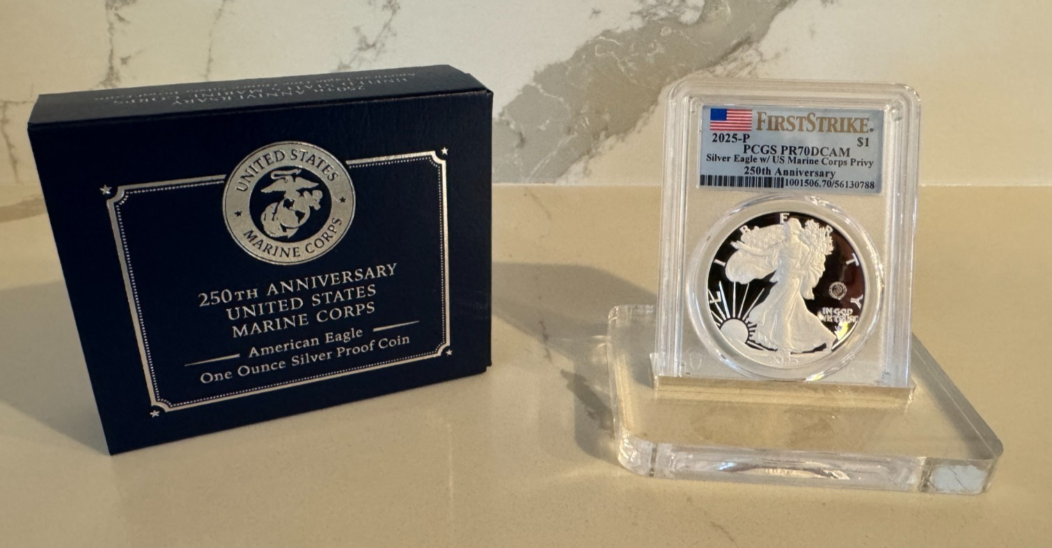 2025-P $1 American Silver Eagle 250th Marine Corps Privy PCGS PR70 First Strike