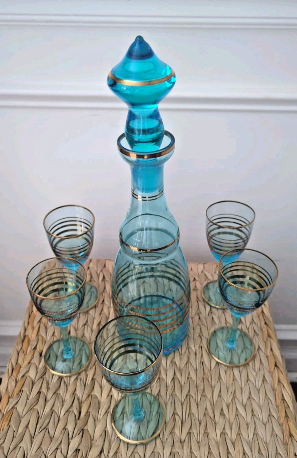 MCM Vintage Teal Blue & Gold Romanian Glass Decanter 4 Cordial Glasses 7 pc Set
