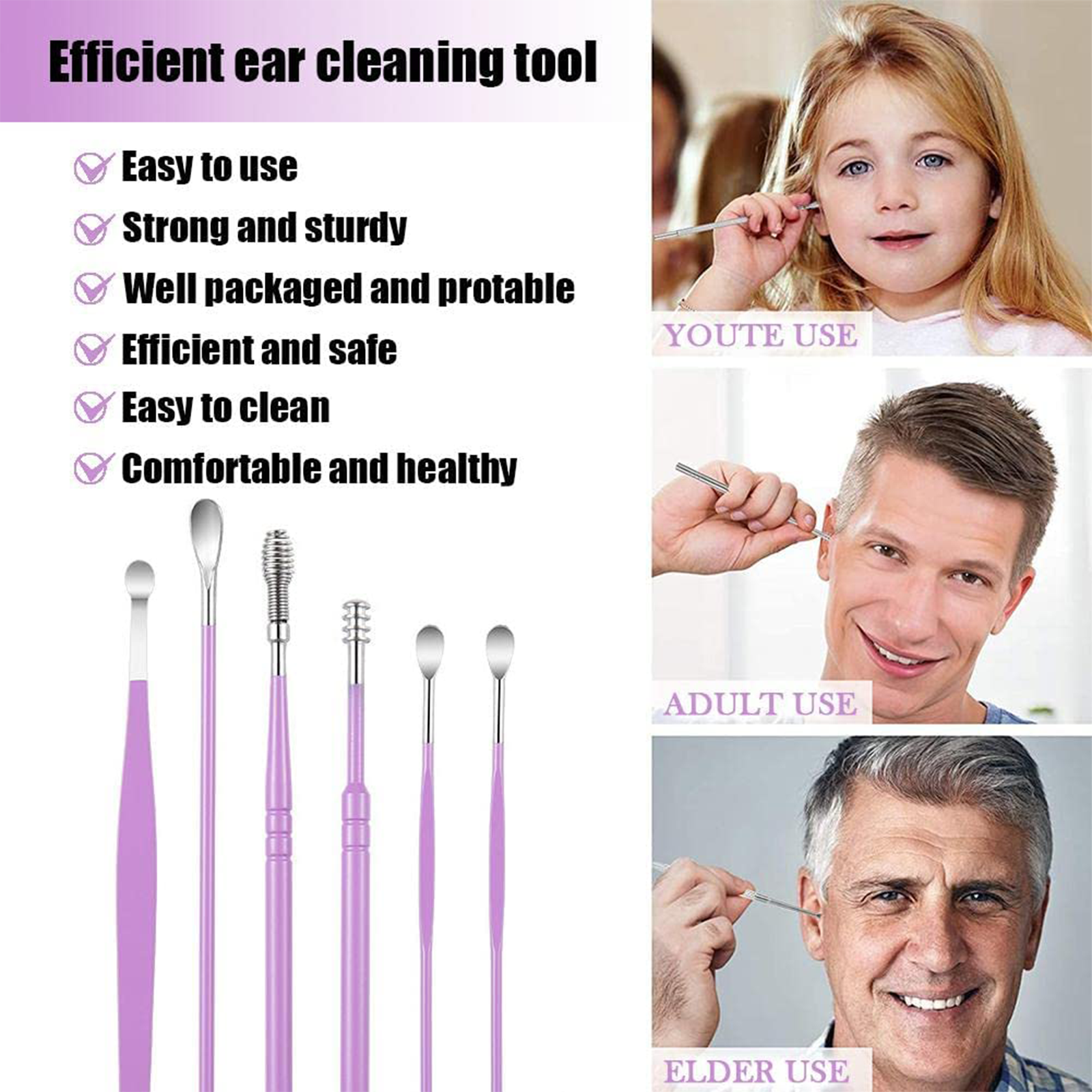6PCS Ear Pick Cleaning Set Spiral Tool Spoon Ear Wax Remover Cleaner Curette Kit
