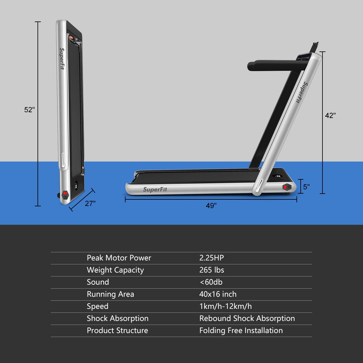 SuperFit 2.25HP Folding Jogging Machine Treadmill W/ Speaker APP Control Silver