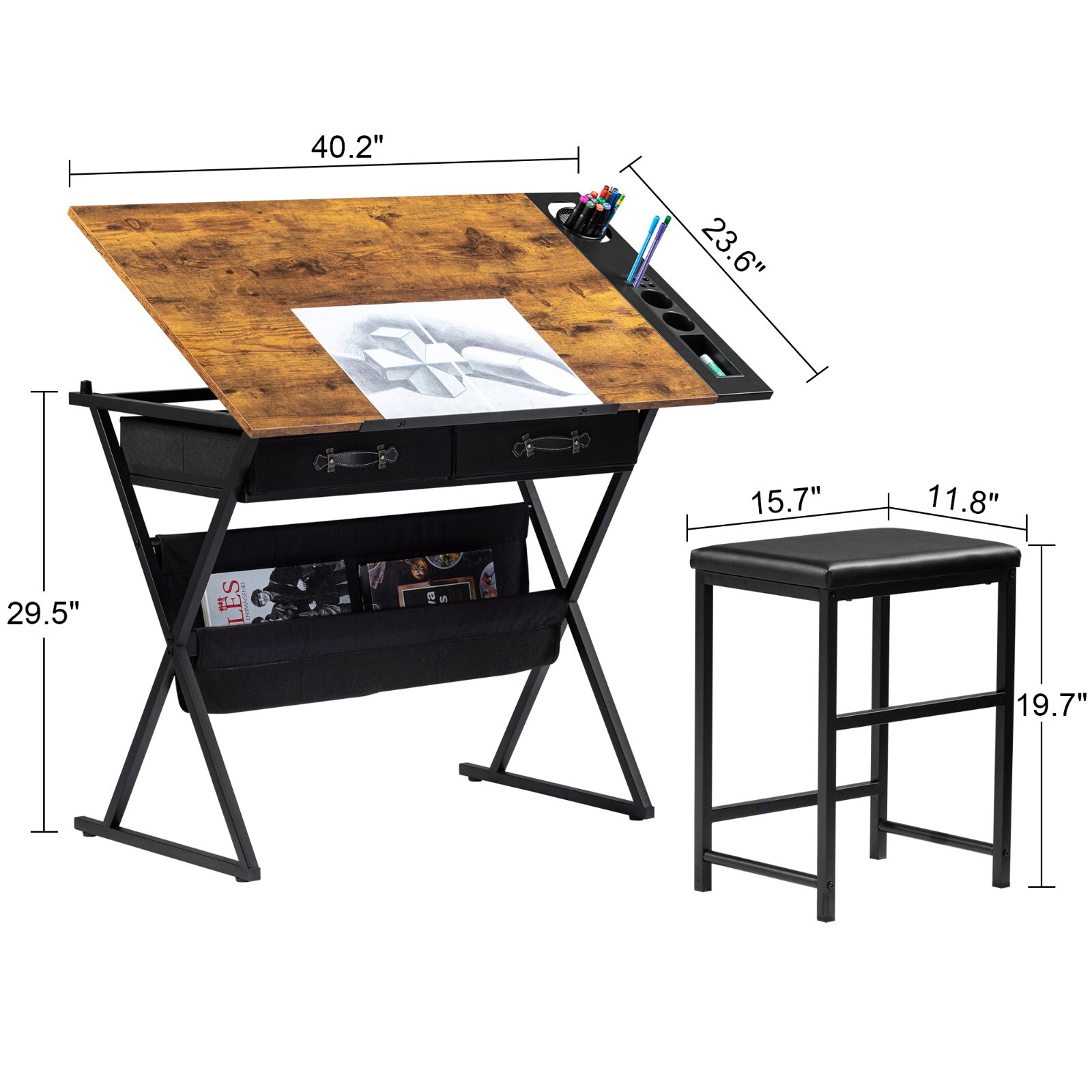 Drafting Table Art Craft Drawing Desk Tiltable Tabletop with Stool and  Drawers